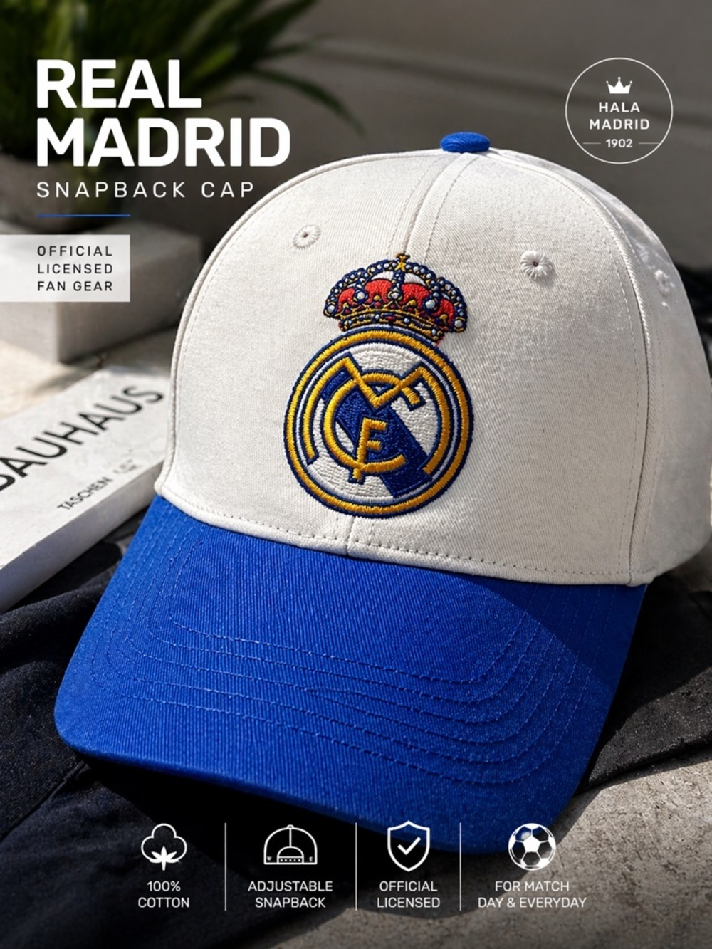 Real Madrid Snapback Cap White Blue Adjustable Hat Licensed Fan Ink